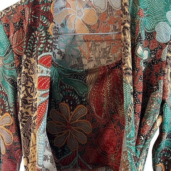 Graff Metallic Floral Blouse Medium Draped V Neck Long Sleeve Colorful Stretch - Picture 6 of 7